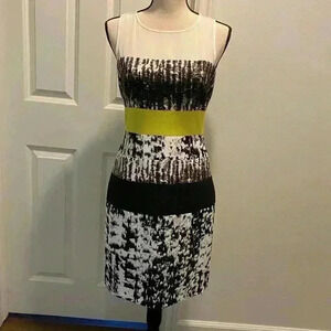 BCBG Womens Sleeveless Knee Length Sheath Tara Dress Black White Yellow  6